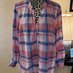 Talbots  Plus Tunic Top 2X Half Button Ruffle Neck Cotton Lightweight Pink Plaid Photo 0