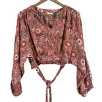Nicole Miller  Blouse Womens M Red Floral Crop Tie Waist Boho Peasant Hippie Photo 0