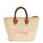 POOLSIDE Woven Straw Open Tote Pink “VACAY” Text Leather Handle Tote Purse Photo 0