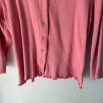 Y2k Pink Ribbed Knit Cardigan Top Ruffle Trim Long Sleeve Button Up Blouse Large Photo 2