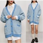 ZARA Blue Chunky Oversized Tweed Striped Button Cardigan Sweater Size S Photo 2