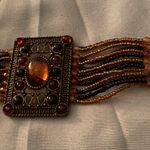 Vintage 9.25” Bracelet Multi Strand Beaded Rectangle Medallion 2” H Orange Black Gold Photo 3