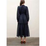 Moon River Navy Polka Dot Midi Dress Small Sheer Long Sleeve Ruffle Tie Belt Photo 1
