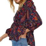 H&M New Paisley Floral Print Ruffle Trim Peplum Blouse Navy Multi Photo 0