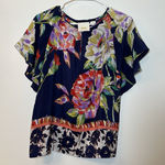 Maeve  Anthropologie Gardenia Blue Floral Silk Flutter‎ Sleeve Top Blouse Sz 0 Photo 0