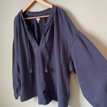Aerie  Navy Blue V Neck Bishop Sleeve Sweatshirt Top Size Women's XL Photo 6