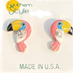 Southern Style Toucan Flamingo Earrings Gold Tone Enamel Rhinestones 7/8" NEW Pink Photo 0