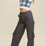 Listicle Womens Flat Front Cotton Straight Cargo Pants Black Charcoal Wash Small Photo 0