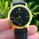 NEW Classique Brand Quartz Watch In Box // Gold & Black Leather Band w/ Diamond Photo 2