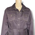 CAbi  Womens Denim Jean Jacket Halftime Safari Raisin Brown Tunic Length Collared Photo 1