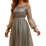 Gray Midi Dress‎ Long Sleeve Floral Embroidered Party Cocktail Evening Photo 0