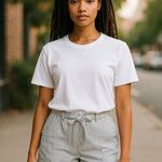 American Eagle Womens Shorts Size 12 Cream Blue Pinstripe Hi-Rise High Rise Belt Photo 1