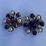 Women Clip On Earrings Purple Color Glass Faux Pearls Rivet Construction Vintage Photo 10