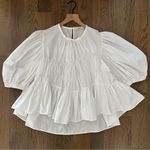 Brogger Round Neck Puff Sleeve Tiered Oversized Taffeta Blouse in White Large Photo 0