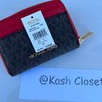 Michael Kors Jet Set Travel Zip Around Card Case Wallet Brown MK Flame Red Photo 3
