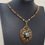 Vintage West Germany Signed Hematite Gold Filigree Necklace & Clip Earrings Set Black Photo 9