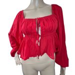 Free People  Long Sleeve Cropped Red Carly Blouse With Tie Front Photo 0