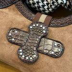 Faux suede, faux leather handbag with rhinestones stones Brown Photo 1