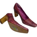 Bisou Bisou new  ❥ Python Leather Square Toe Sculptural Wood Heel Pumps ❥ Pink Photo 9