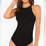 Black Halter Bodysuit Mid Waist Solid Fitted Size M Photo 0