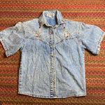 80s VINTAGE PRETTY BLEU RHINESTONE DENIM BUTTON UP BLOUSE Blue Size M Photo 0