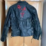Vintage Pegasus Black Leather Motorcycle Jacket Tassels & Red Roses Medium Photo 4