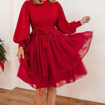 Holiday Red Tier Tulle Party Dress Whimsical Modest Christmas Festive L NWT READ Size L Photo 0