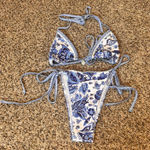 Blue Floral Print Tie Side Bikini Set Women's Swimsuit Beach Vacation Summer Photo 0