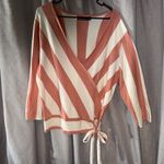 New York and Company Coral and Cream Striped Sweater Wrap Tie V Photo 2