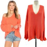 Free People La Brea Sweater V-Neck Ribbed Cuffed Sleeve Coral Orange Size Large Photo 1