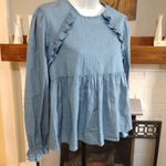 Altar'd State Altar’d State Blue Chambray Denim ruffle top Photo 3