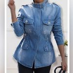 VTG SUSIELADY MOTO Denim Jacket Coat L Blue Faded Distressed Retro Trucker Y2K Size L Photo 0