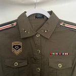 Voice Stretch Military Womens Top Sz Large Olive Patches Babydoll Y2K Gorp Green Photo 1