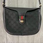 Gucci Vintage Black Canvas Leather Saddle Purse bag long crossbody strap Photo 15