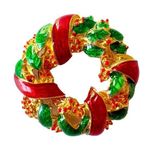 Vintage Christmas Holiday Wreath Red Green Gold Tone Sweater Clip Photo 0