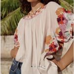Anthropologie Embroidered Short Sleeve Tunic Pink White Blouse Top large petite Photo 1
