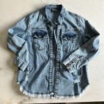 Pilcro  Distressed Denim Shirt S‎ Button Down Fringe Hem Long Sleeve Women Photo 0