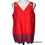 Crown & Ivy  MED red white cute blouse blue embroidered cherry scalloped bottom Photo 12