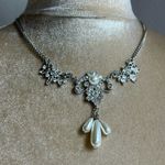 Bridal prom faceted rhinestones faux pearl statement Necklace Silver Photo 7