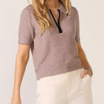 Evereve  Celine Short Sleeve Polo Pullover Sweater Caribou Brown Black Medium Photo 0