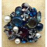 Vintage Mid Century Rhinestone & Faux Pearl Brooch Pin Silver Tone Floral 2" Black Photo 1