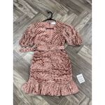 ASOS DESIGN velvet flocked spot mini dress with puff sleeve and belt pink Sz 4 Photo 2
