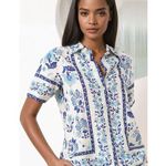 Yumi Kim Blue White Button Down Short Sleeve Carly Linen Top Size Medium Photo 0