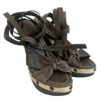 La Perla Brown Leather Ankle Lace-Up Wedges Sandals Jute Stud Size 39 8 Women's Photo 1