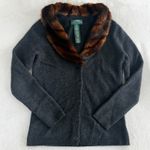 Ralph Lauren Sweater Cardigan Womens P Wool Angora Cashmere Faux Fur Collar Gray Photo 0