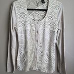 BKE Boutique Ivory Lace Crochet Button Up Mixed Media Cardigan Size Large Photo 0