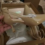 NEWBELLA – Nude Patent Pointed Toe Kitten Heel Pumps w/ Ankle Strap – Size 9 Tan Photo 1