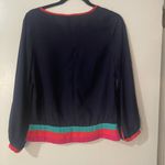 Miami Navy Blue Long Sleeve Blouse Top Keyhole Neckline Colorblock Retro Sz S Photo 1