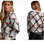 Anthropologie Anthro Maeve Cameron Trellis White Red Black Floral Cropped Sweater S Photo 1