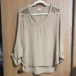 Lily White  Beige V-Neck Blouse with Shoulder Cutouts Photo 0